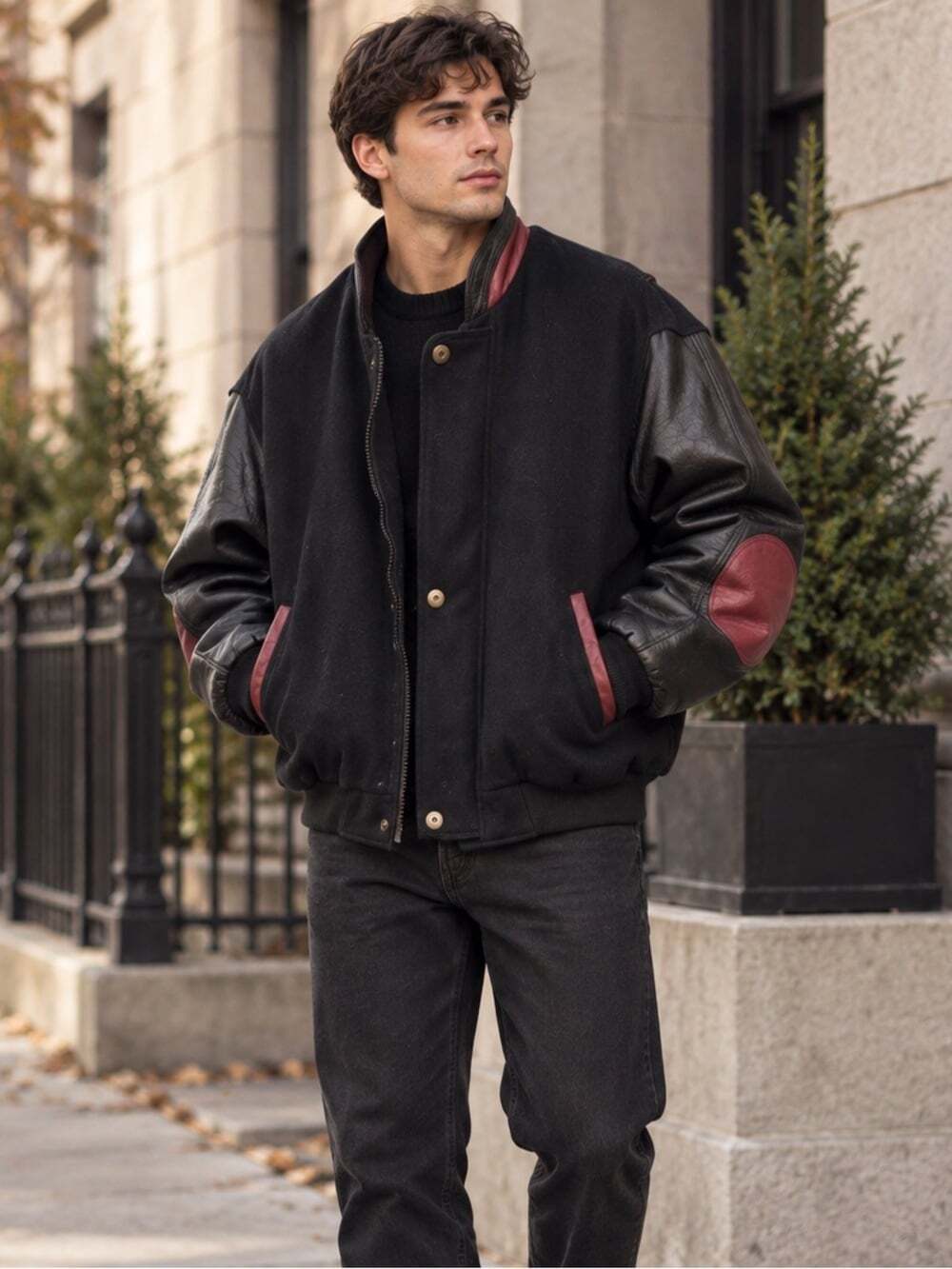90s Vintage Marv Holland Wool & Leather Varsity Bomber Jacket Black Red Made 🇨